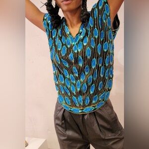 Vintage Saks Fifth Avenue Blue, Golden and Black Sequins Blouse Top